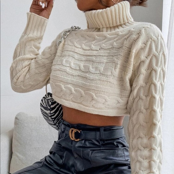 High Neck Cable Knit Cropped Sweater - Picture 2 of 2